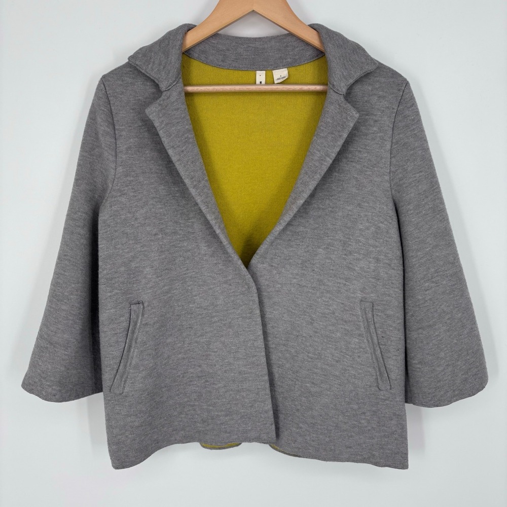 Moth Anthropologie Grey Mustard Yellow Knit Open Front Jacket Sz S *FLAW